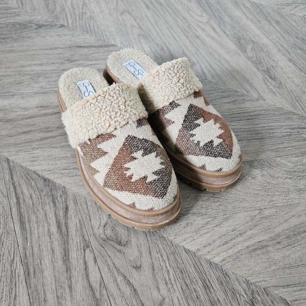 Jessica Simpson Southwestern Clogs Size 8 Mules Ebriya Faux Wool Shearling Woven